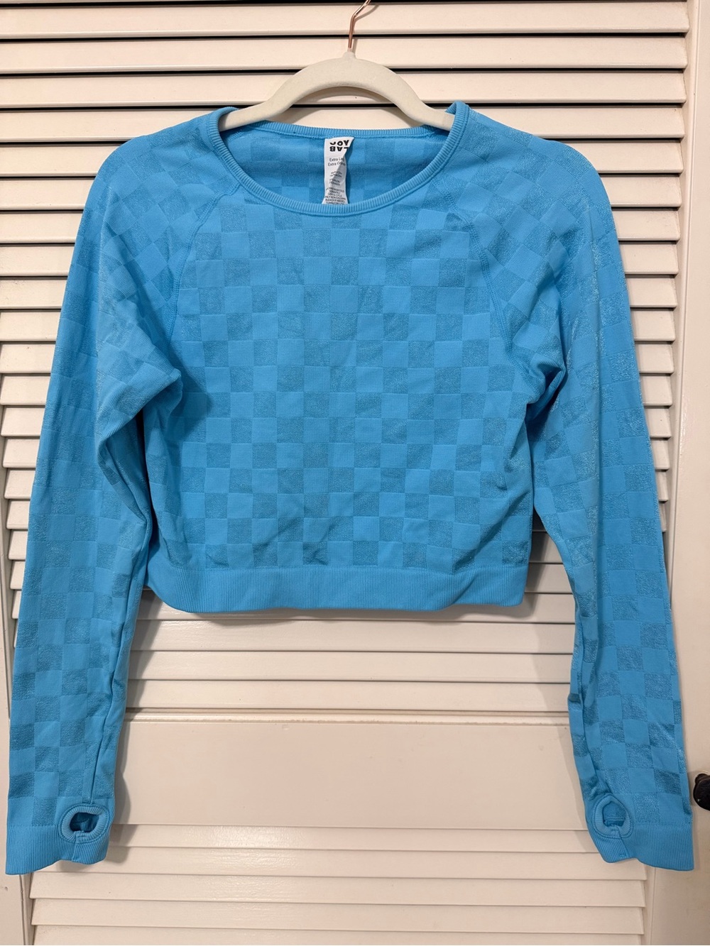 JoyLab Light Blue Checkered Cropped Long-Sleeve Top